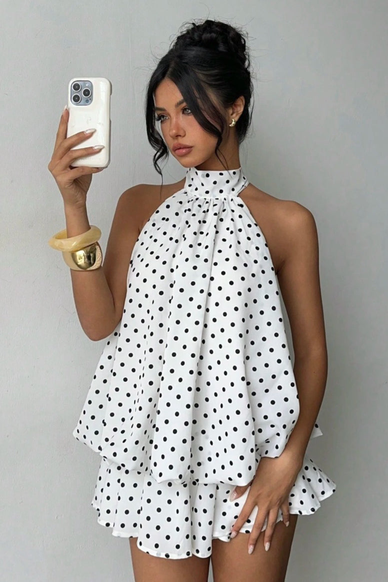 Daisy | Polka Dot Halter Mini Dress - Backless Lace-Up Flared