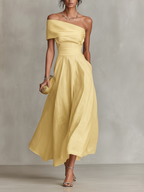 Women's One-Shoulder Linen Midi Dress – Fitted Waist