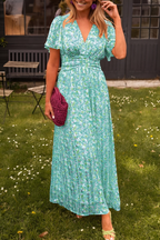 Ava Floral Maxi Dress – V-Neck, Short Sleeve