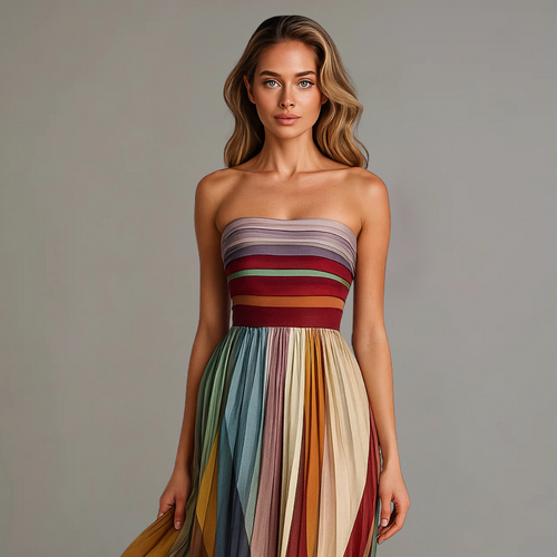 Judith Strapless Maxi Dress – Colorful Pleated, Summer
