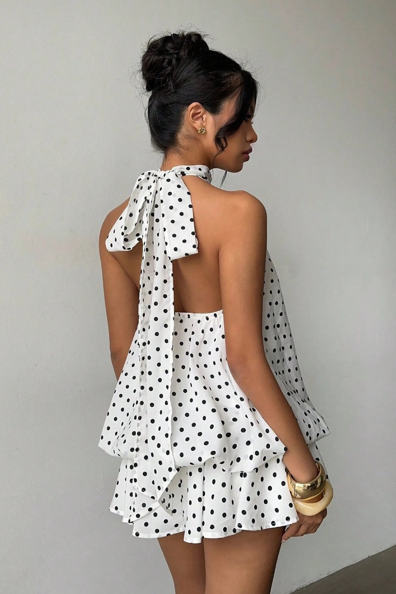 Daisy | Polka Dot Halter Mini Dress - Backless Lace-Up Flared