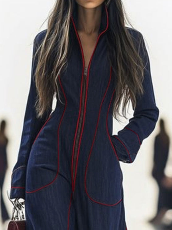 Women's Denim Wide Leg Stand Collar Jumpsuit