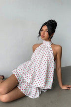 Daisy | Polka Dot Halter Mini Dress - Backless Lace-Up Flared