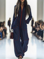 Women's Denim Wide Leg Stand Collar Jumpsuit