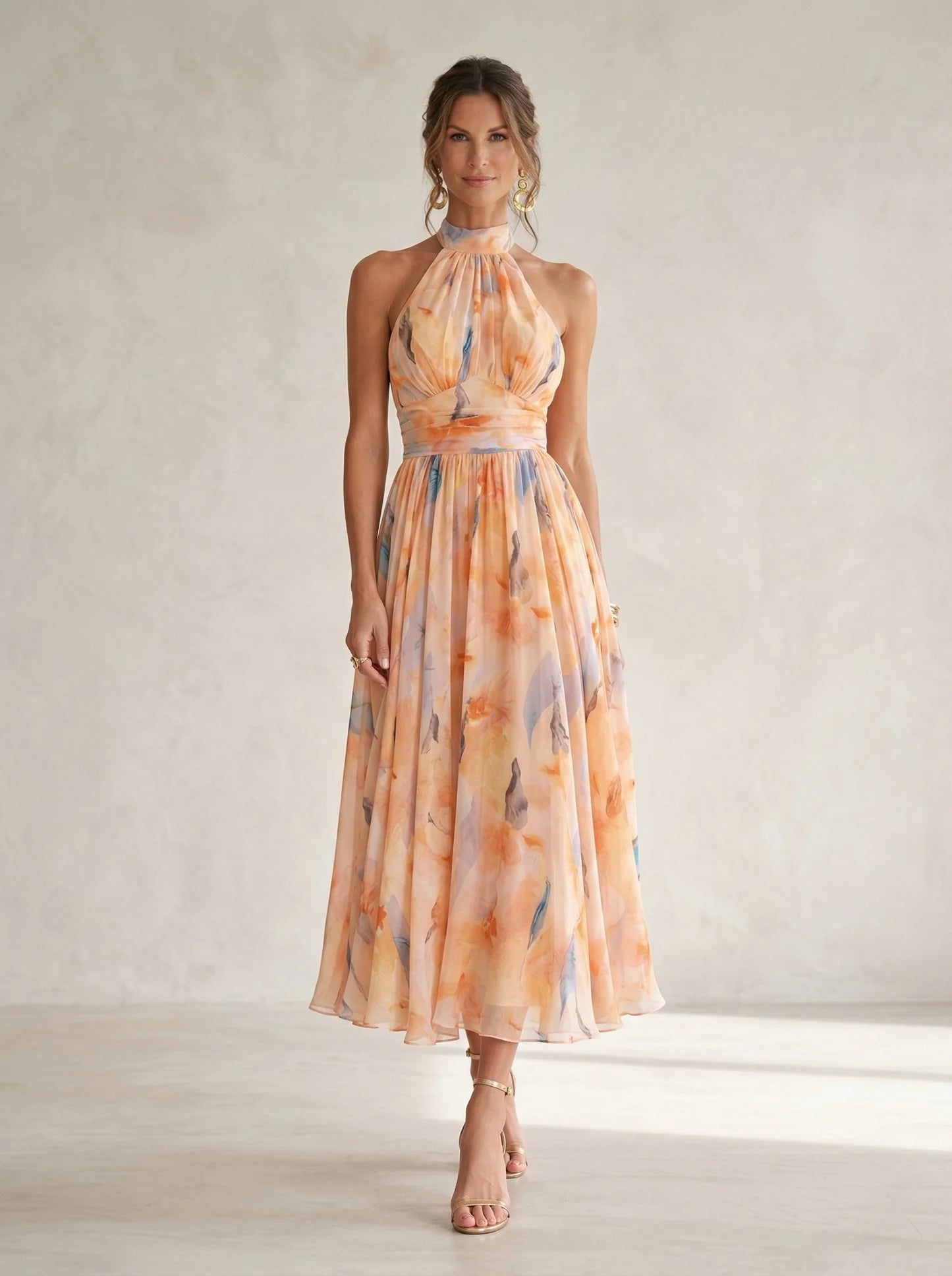 Aurora Watercolour Print Halter Neck Dress