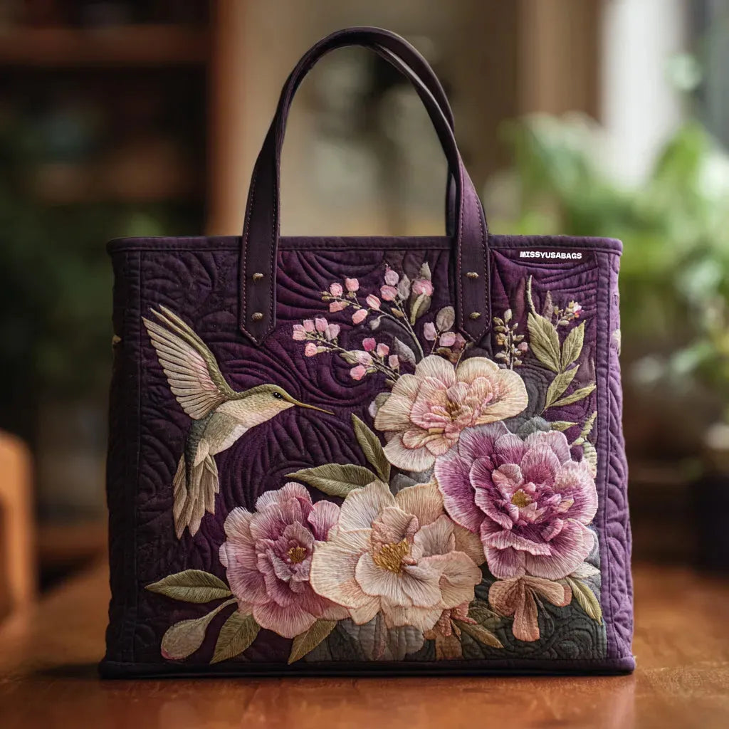 Artisanal Lined Purple Tote Bag with Hummingbirds and Orchids