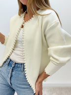 Women's Pearl Trim Ripped Hem Cardigan