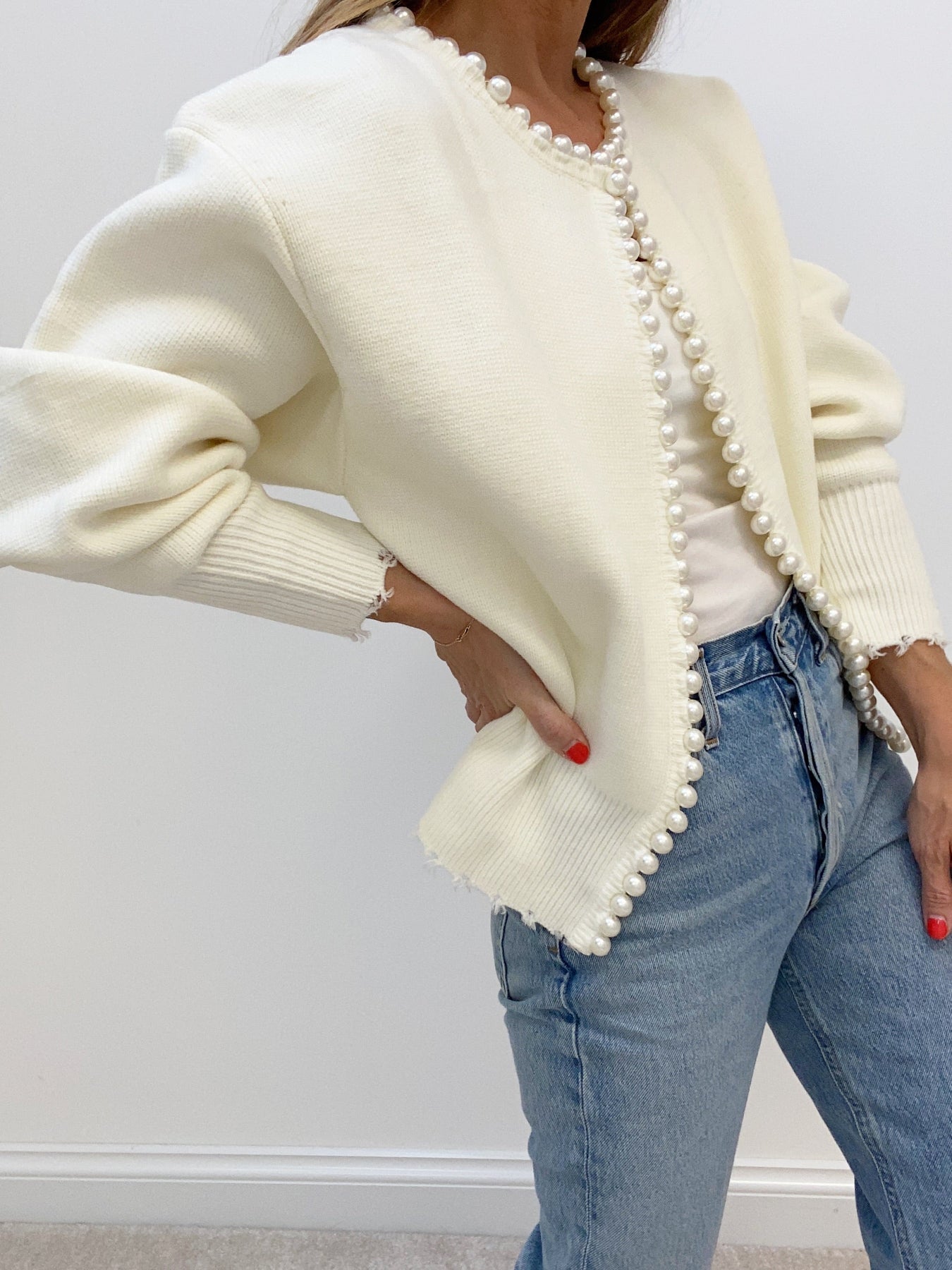 Women's Pearl Trim Ripped Hem Cardigan