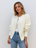 Women's Pearl Trim Ripped Hem Cardigan