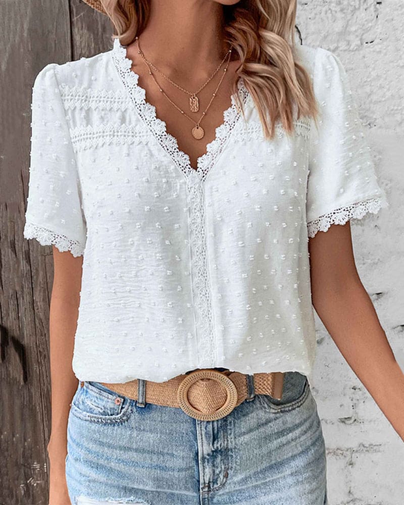 Women’s Swiss Dot Lace Trim Blouse