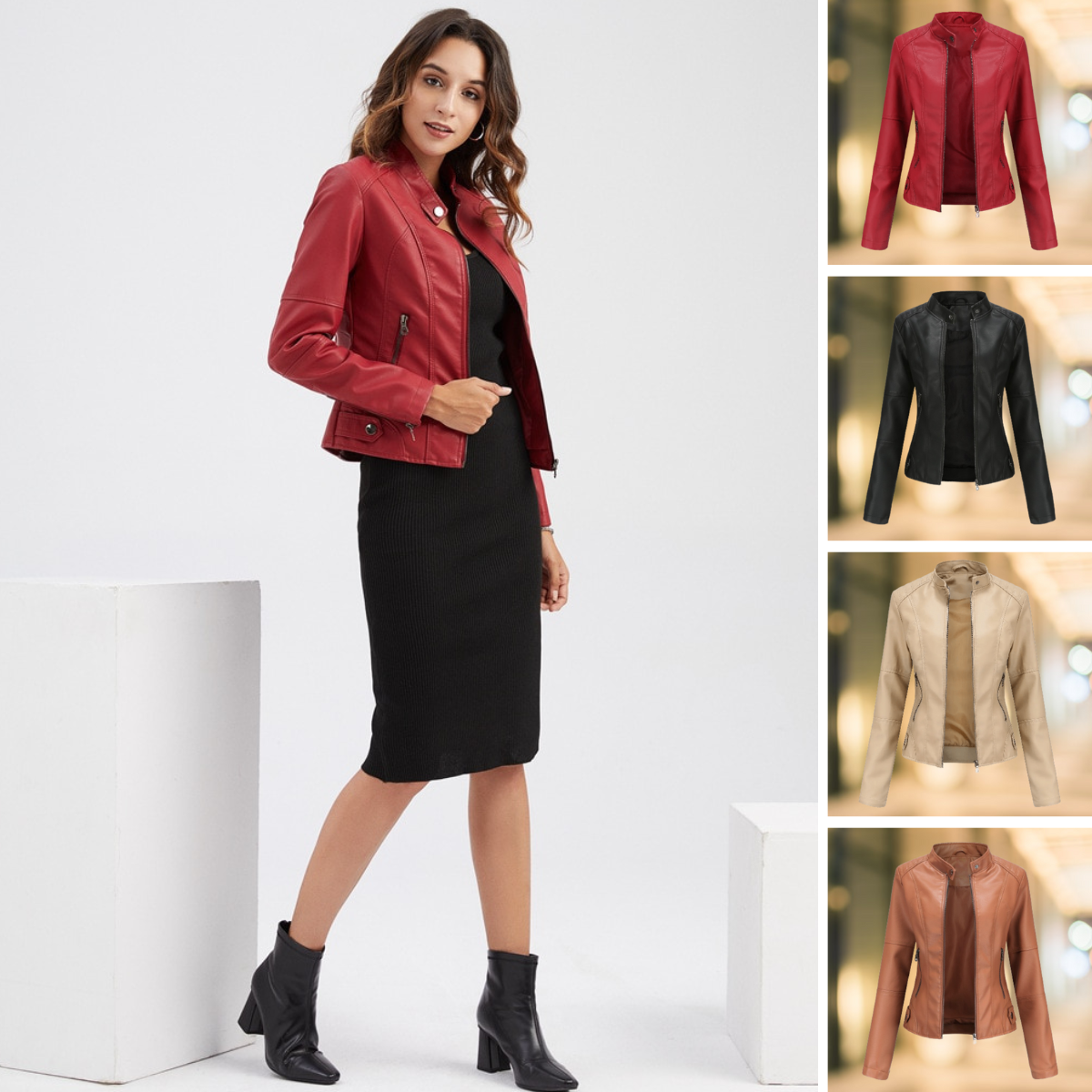 Women's Fitted High Collar Leather Jacket