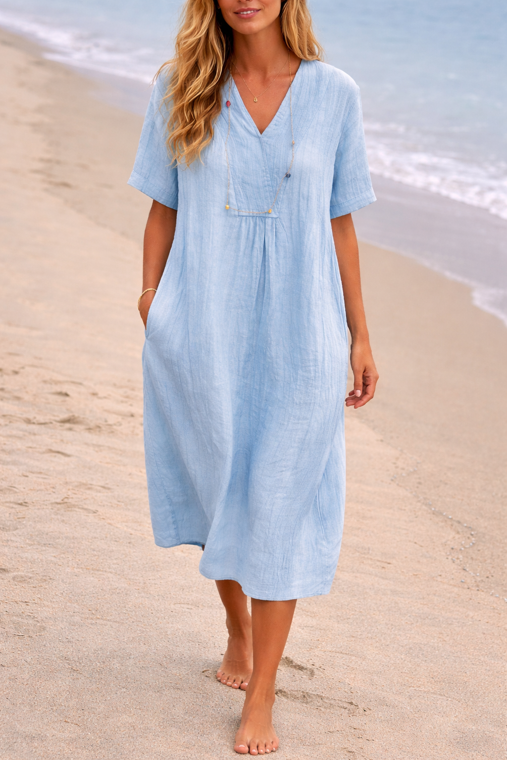 Women's Linen V-Neck Wrap Midi Dress