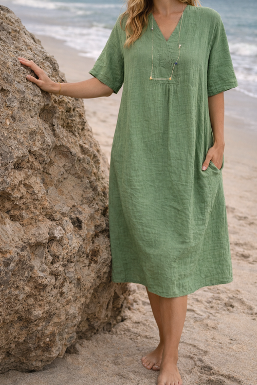 Women's Linen V-Neck Wrap Midi Dress