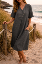 Women's Linen V-Neck Wrap Midi Dress