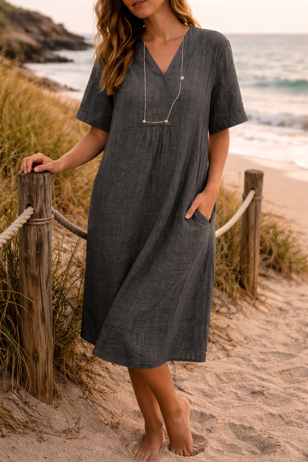 Women's Linen V-Neck Wrap Midi Dress