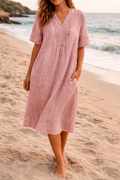 Women's Linen V-Neck Wrap Midi Dress