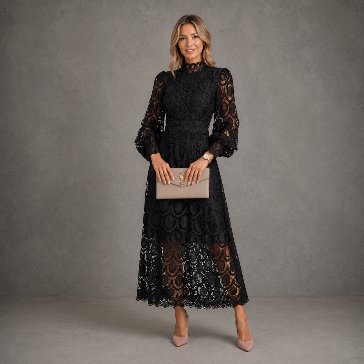 Isla | Elegant Mock Neck Lace Midi Dress