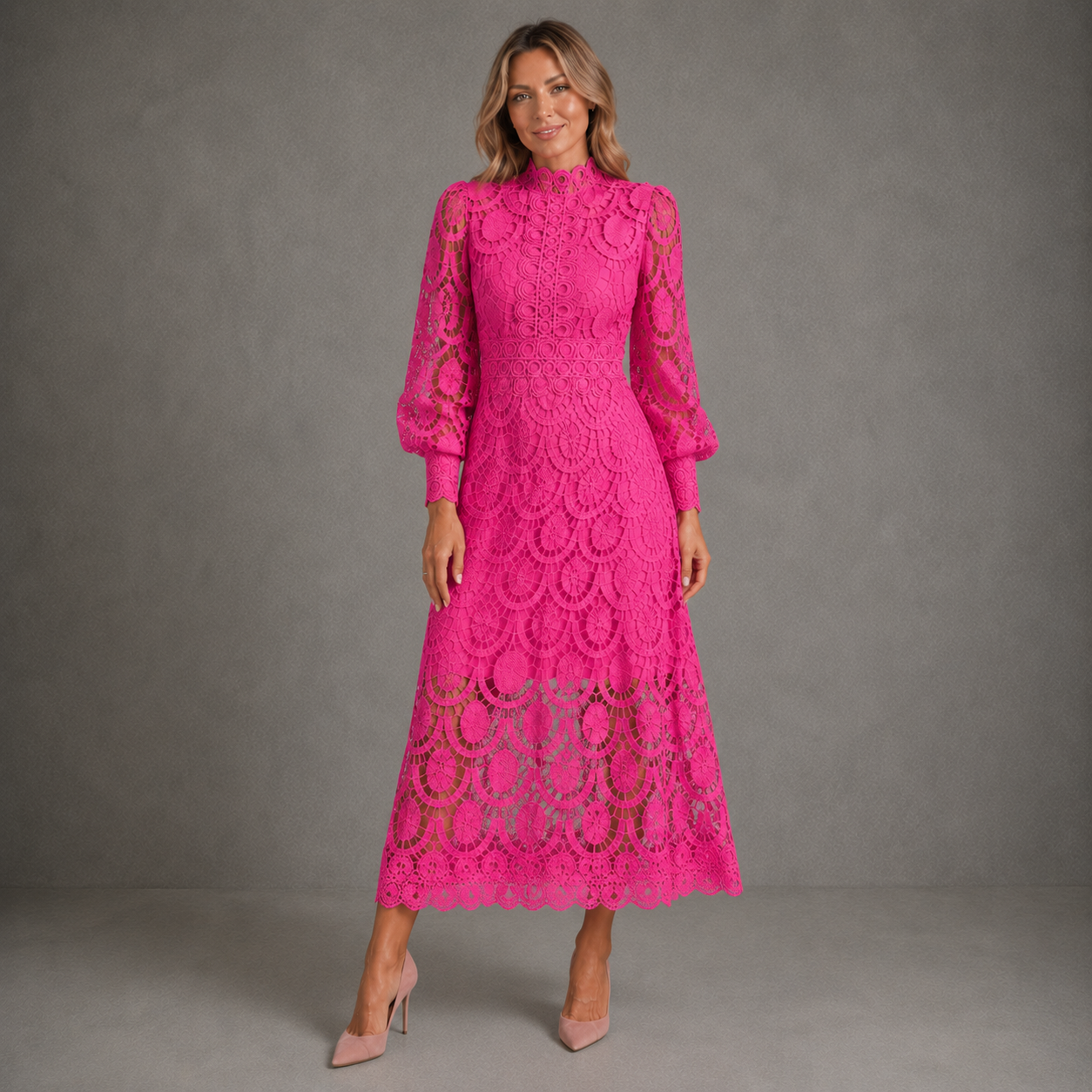 Isla | Elegant Mock Neck Lace Midi Dress