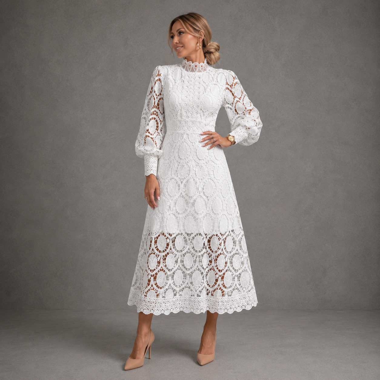 Isla | Elegant Mock Neck Lace Midi Dress