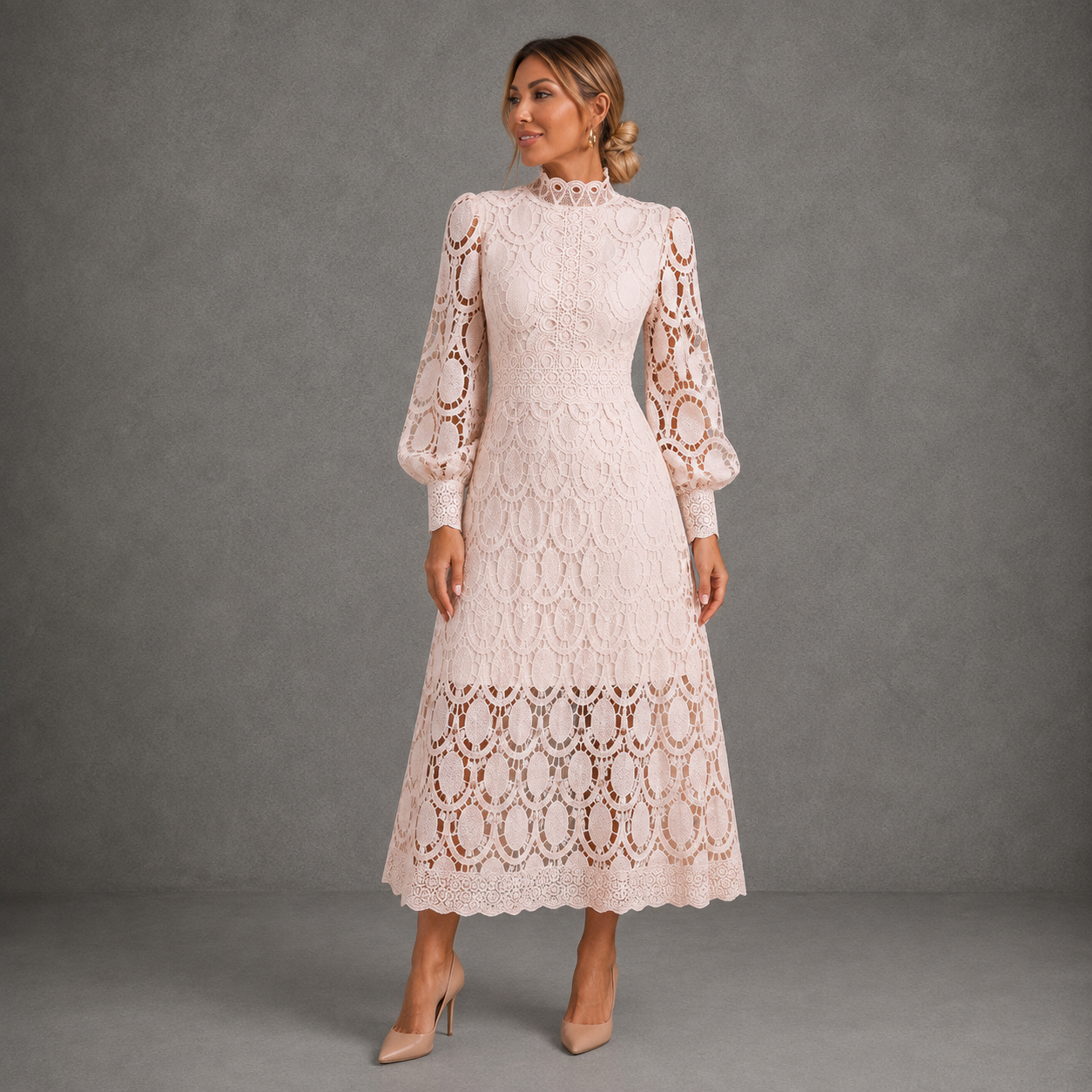 Isla | Elegant Mock Neck Lace Midi Dress