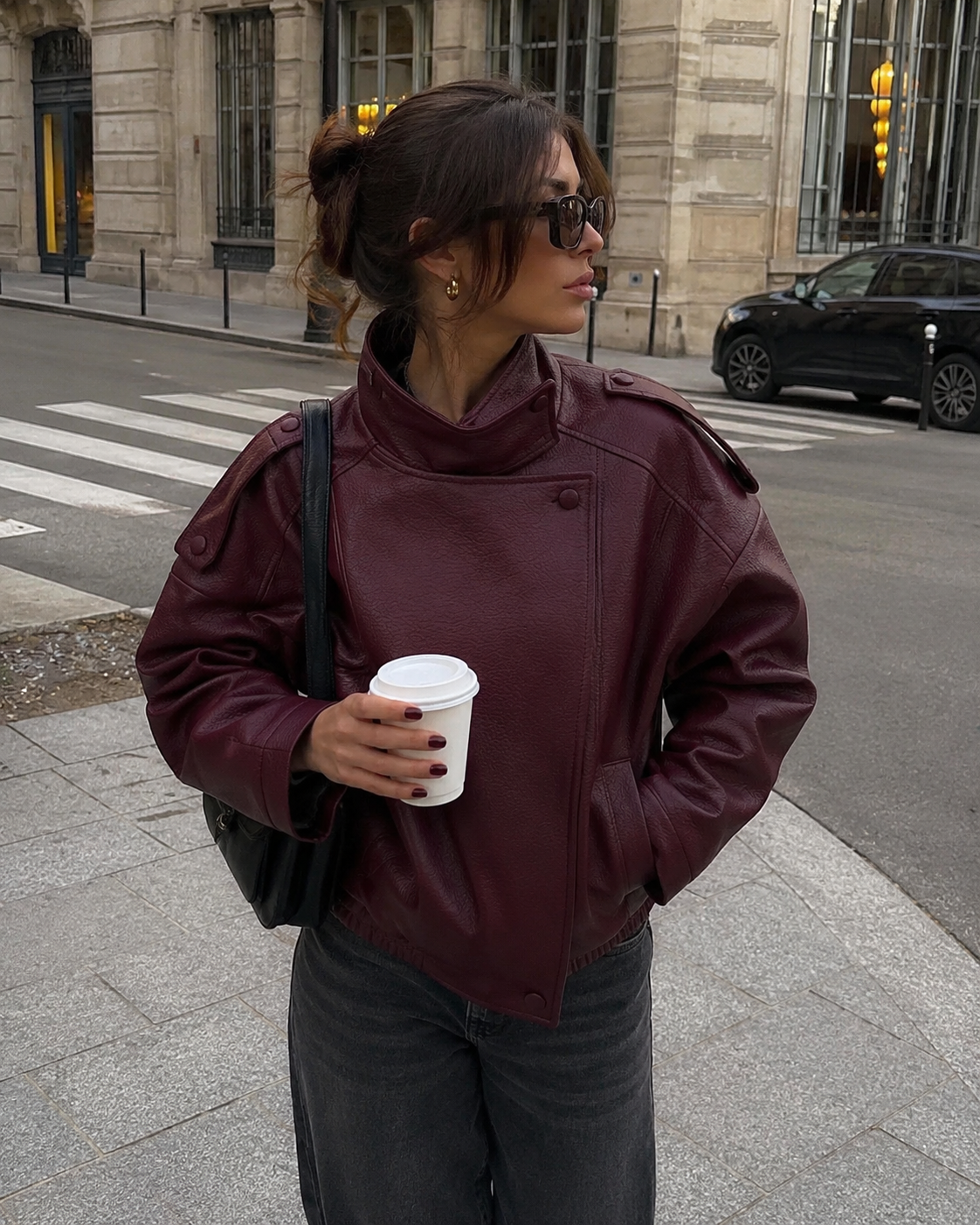Women's Oversized Faux Leather Jacket – High Collar