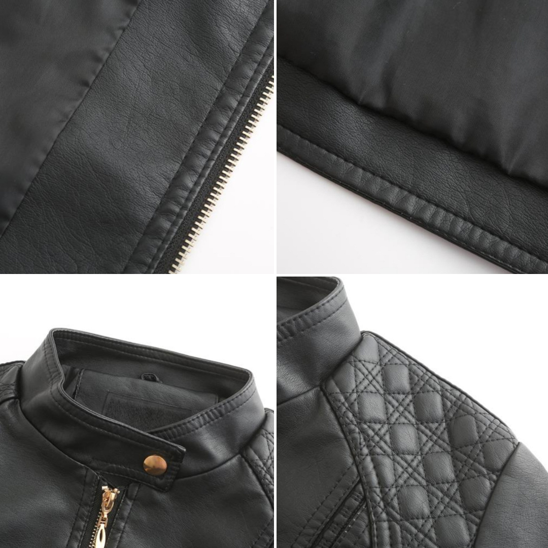 Women's High Collar Leather Jacket – Zip Pockets