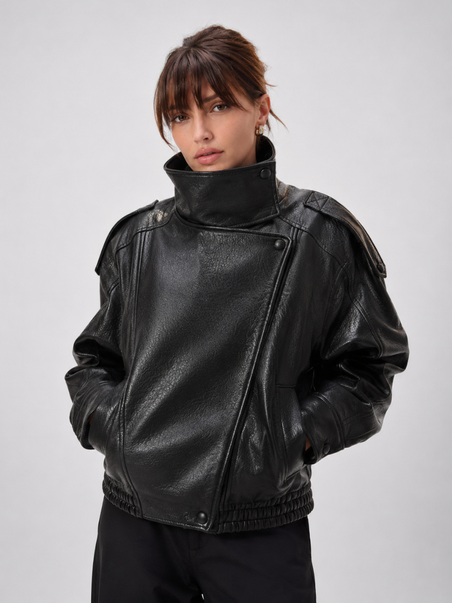 Women's Oversized Faux Leather Jacket – High Collar