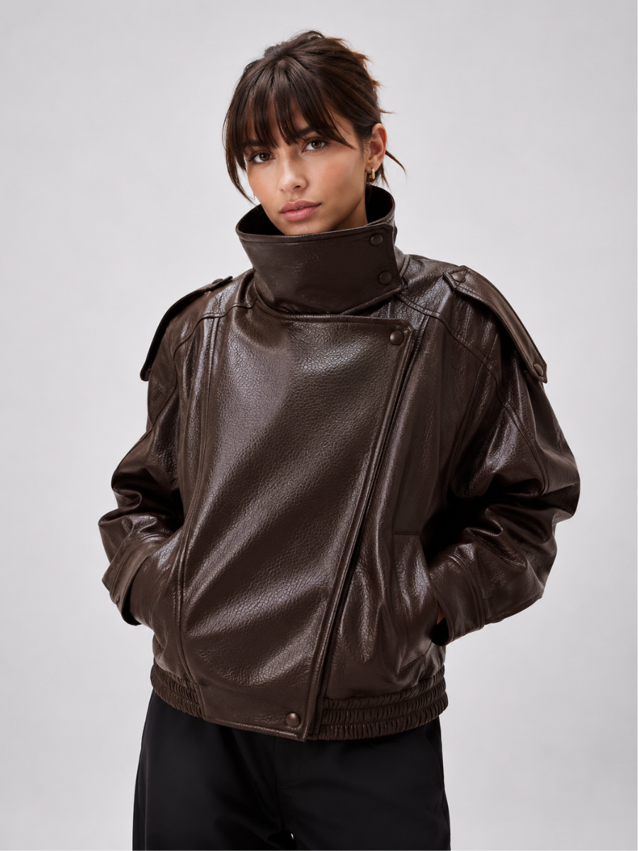Women's Oversized Faux Leather Jacket – High Collar