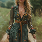 Women's Embroidered V-Neck Maxi Dress – Balloon Sleeve