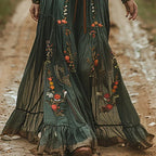 Women's Embroidered V-Neck Maxi Dress – Balloon Sleeve