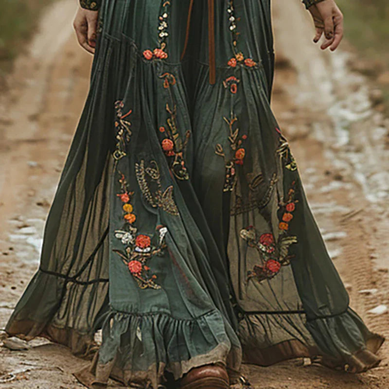 Women's Embroidered V-Neck Maxi Dress – Balloon Sleeve