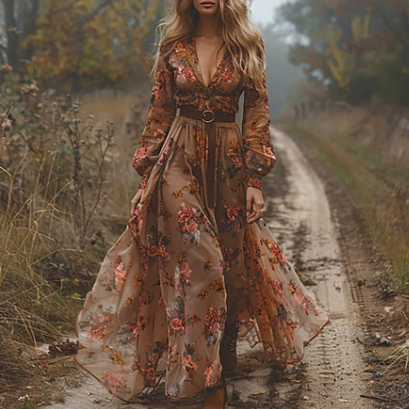 Women's Embroidered V-Neck Maxi Dress – Balloon Sleeve