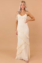Women's Almond Chiffon Floral Lace Maxi Dress
