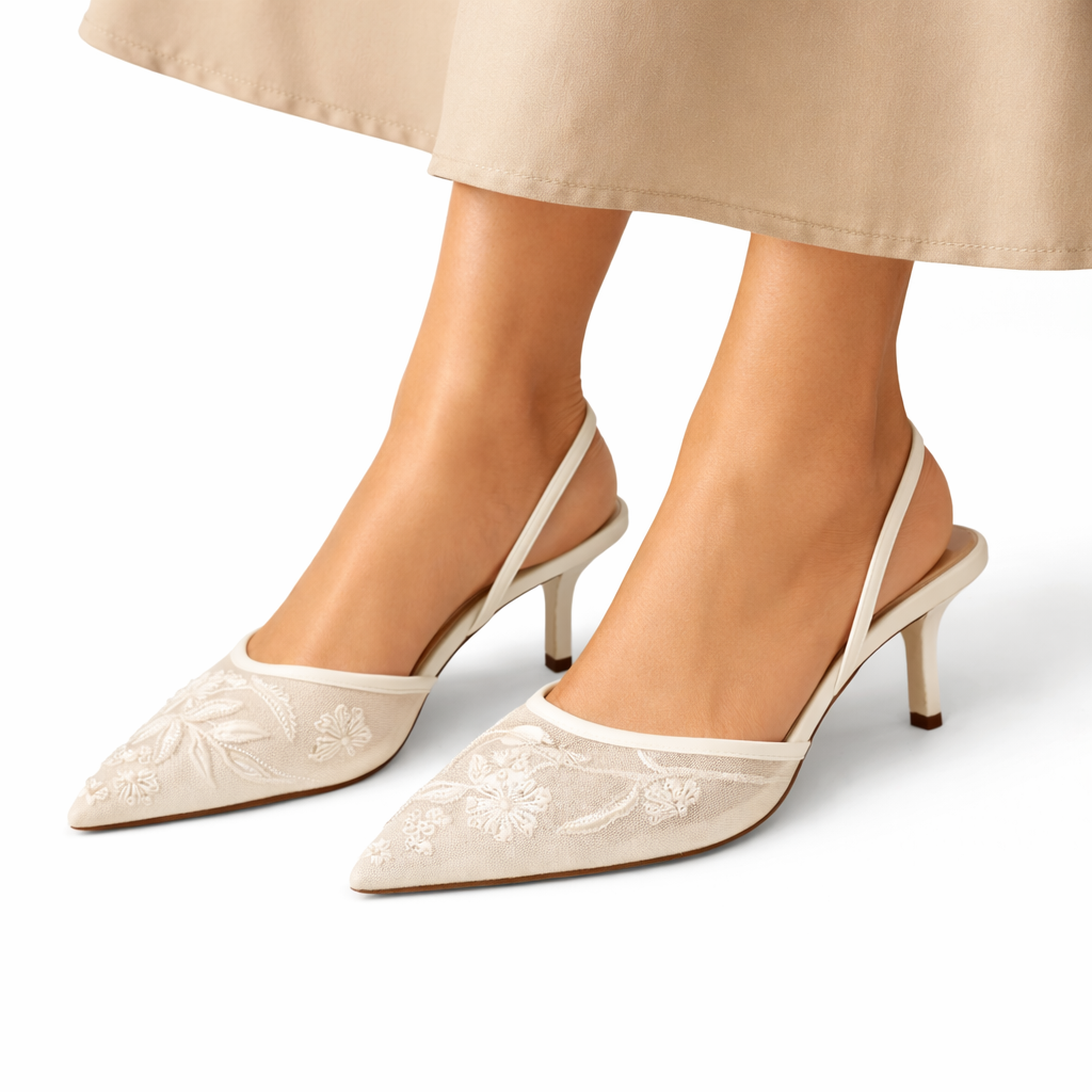 Women's Floral Embroidered Mesh Mule Heels