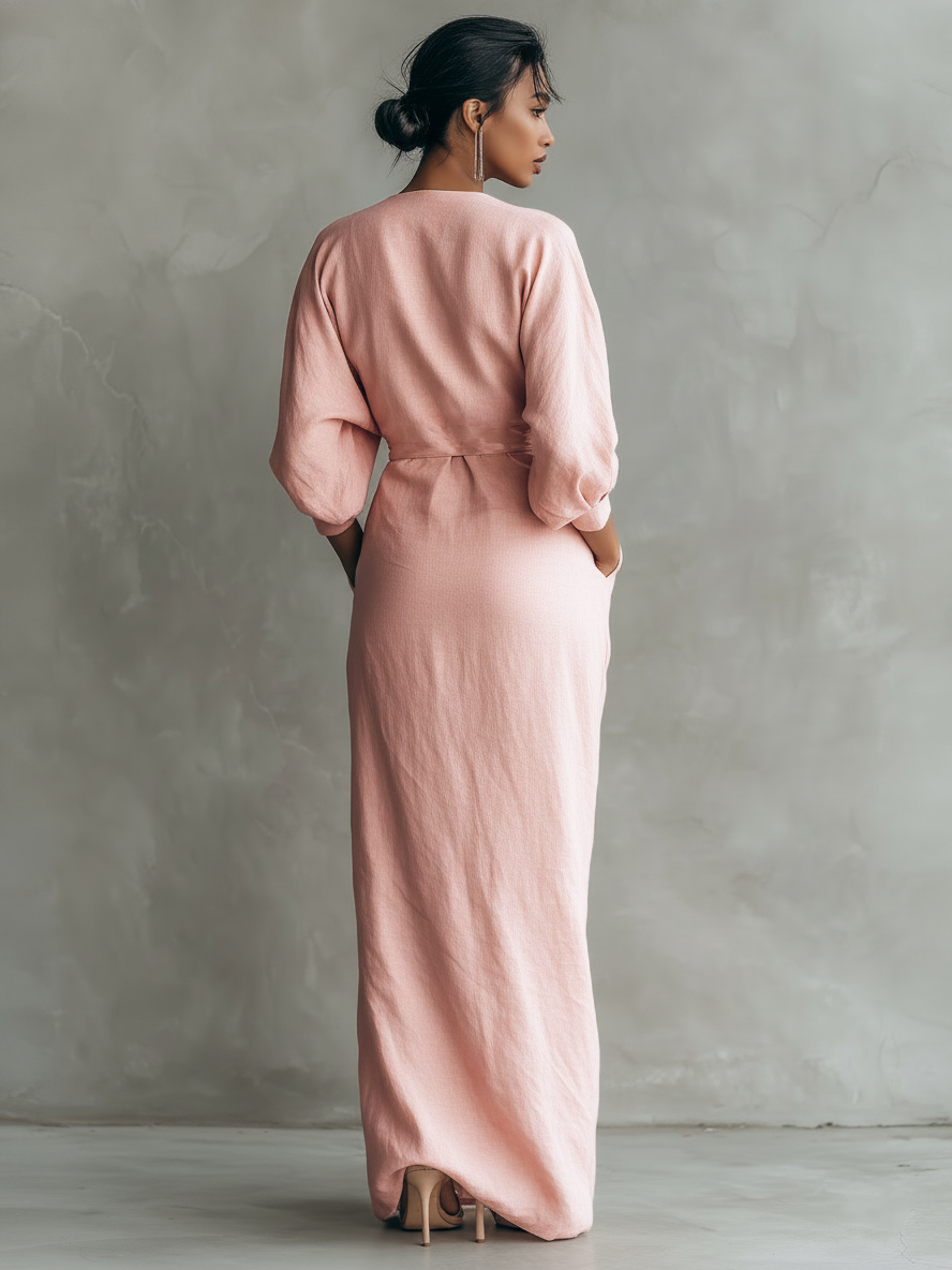 Women's Elegant Wrap V-Neck Linen Maxi Dress