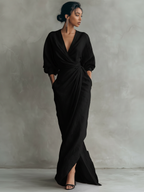 Women's Elegant Wrap V-Neck Linen Maxi Dress