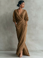 Women's Elegant Wrap V-Neck Linen Maxi Dress