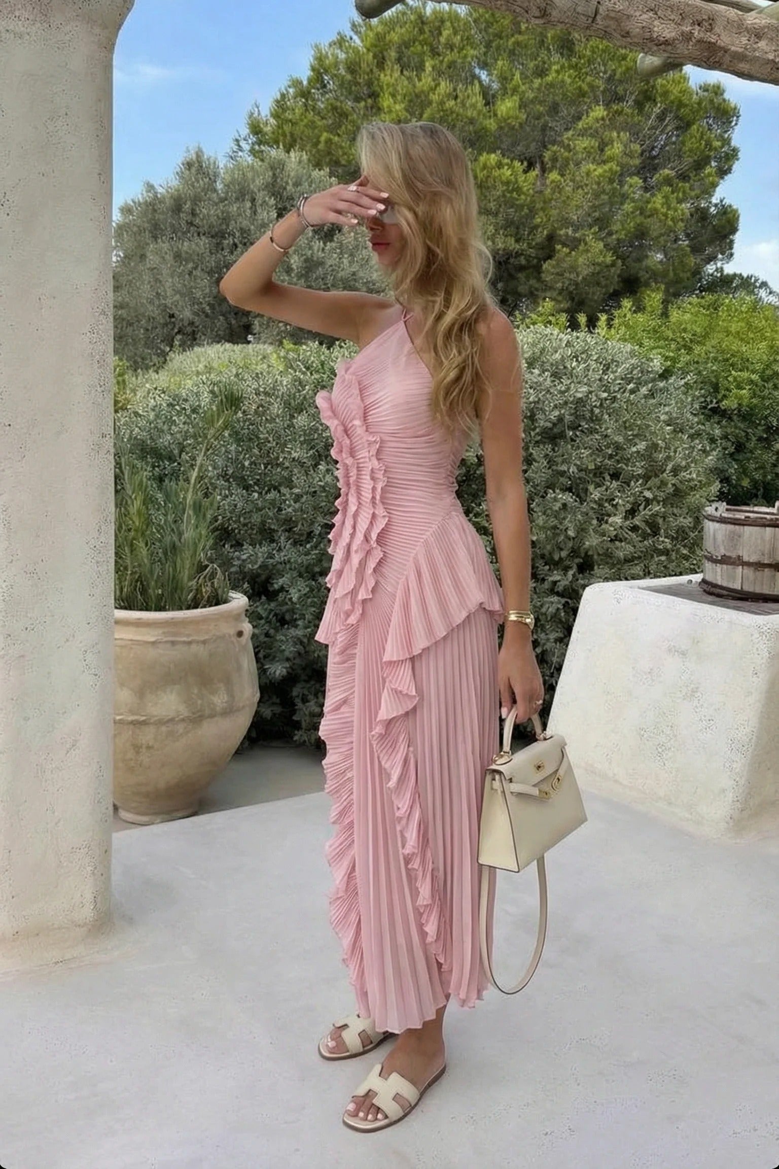 Eliza Pleated Ruffle Midi Dress – Cascade Frill, Sleeveless