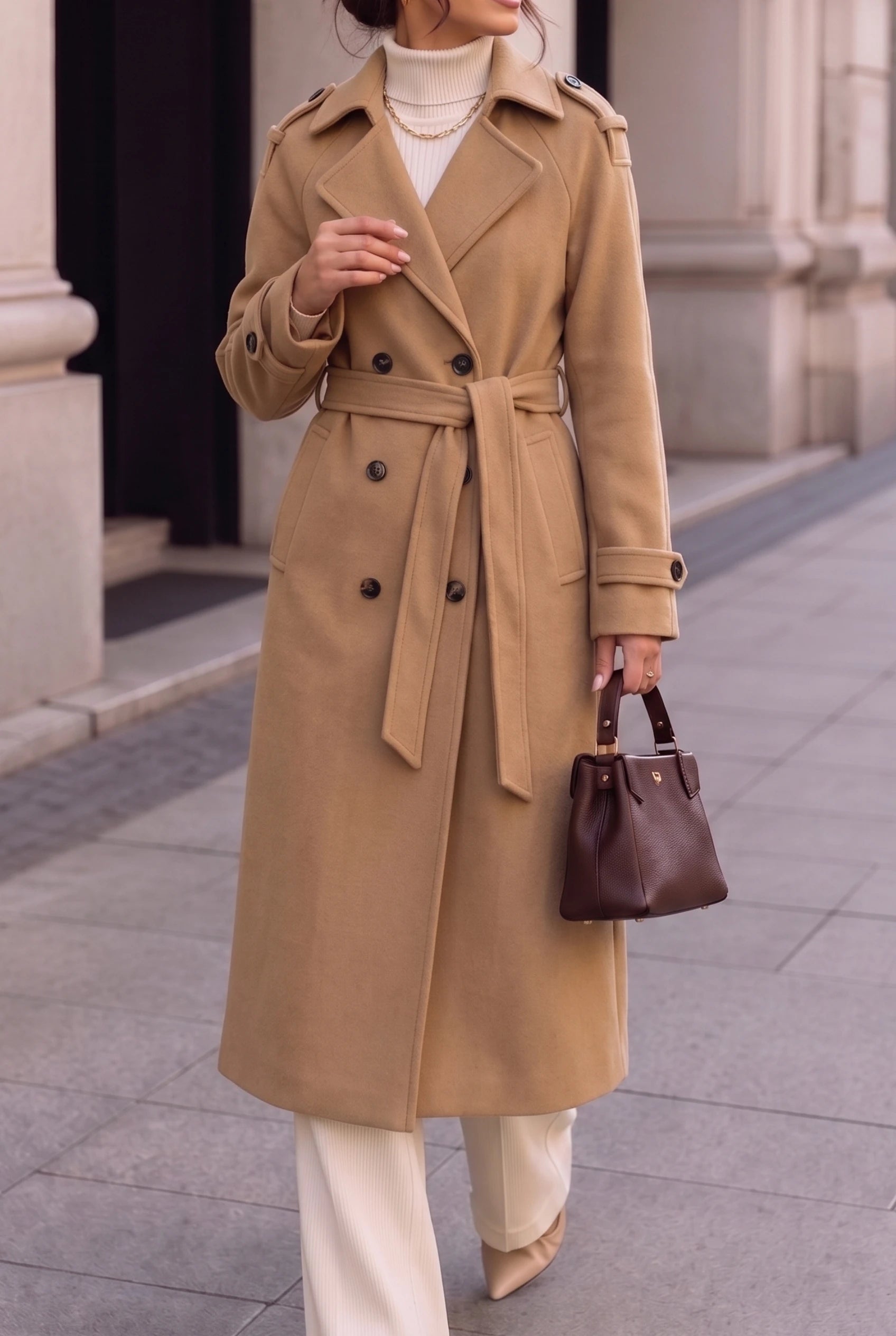 Women’s Long Coat with Belt and Double-Breasted Front