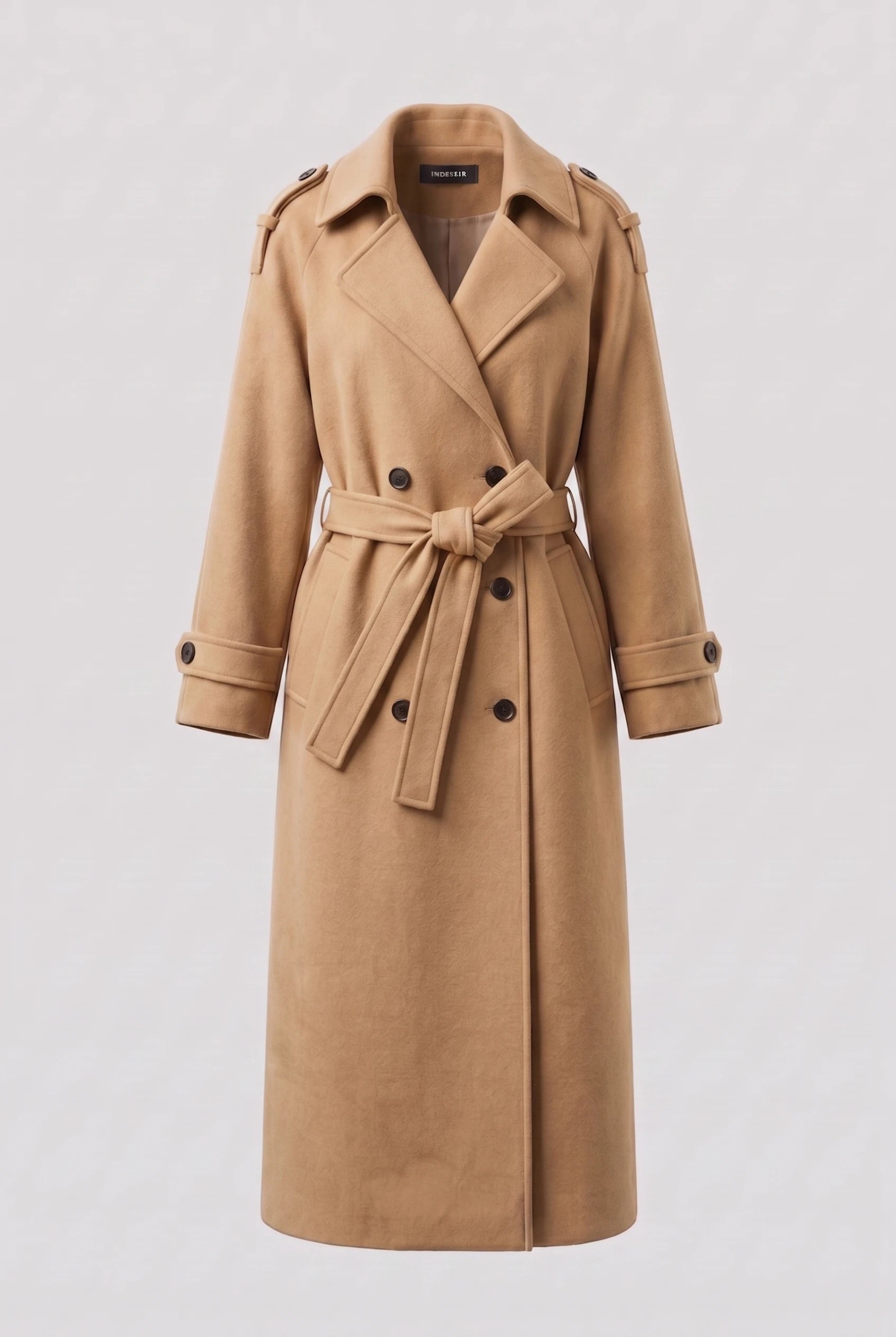 Women’s Long Coat with Belt and Double-Breasted Front