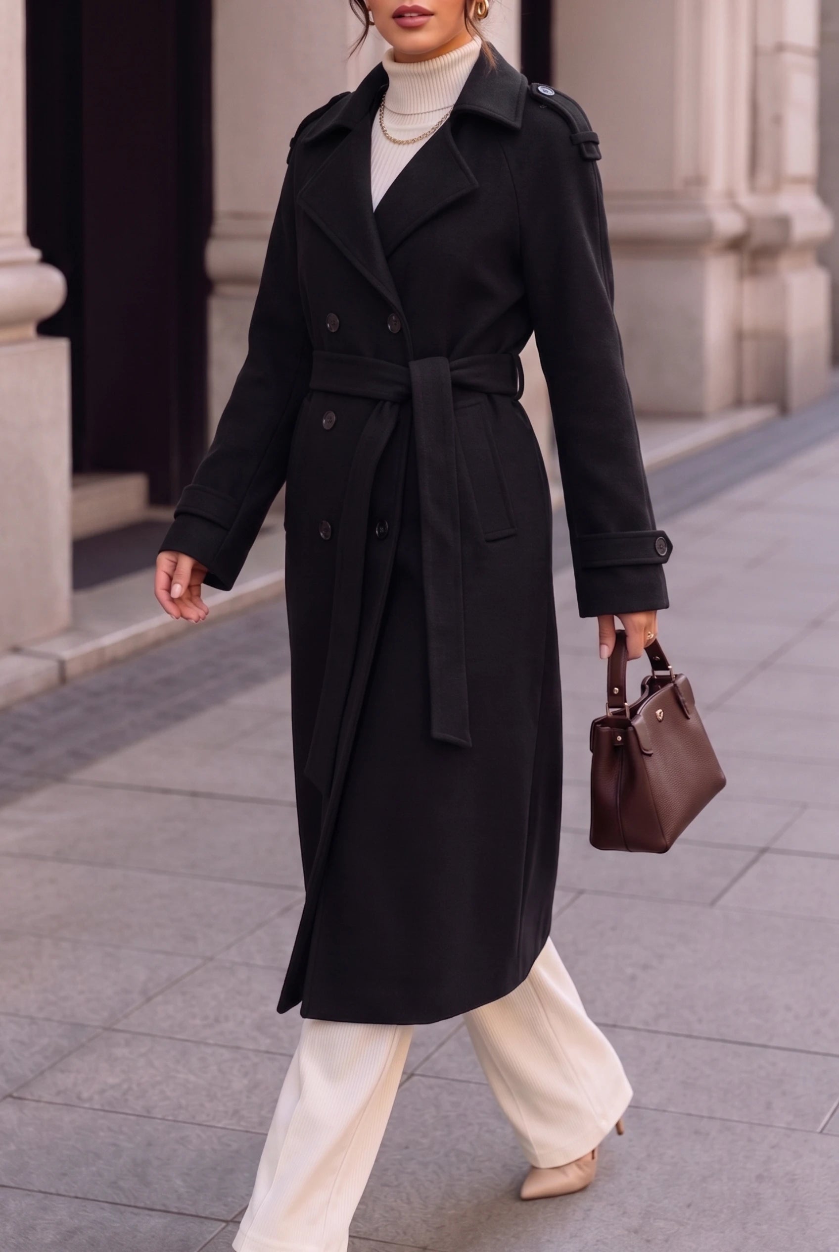 Women’s Long Coat with Belt and Double-Breasted Front