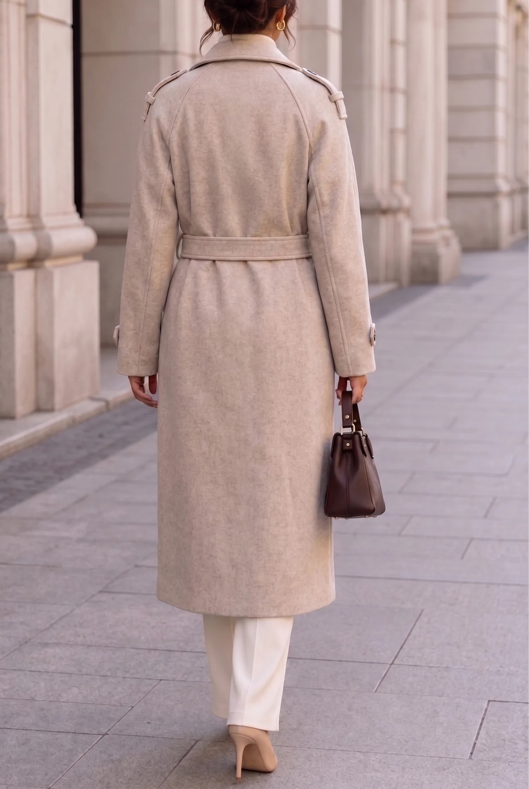 Women’s Long Coat with Belt and Double-Breasted Front