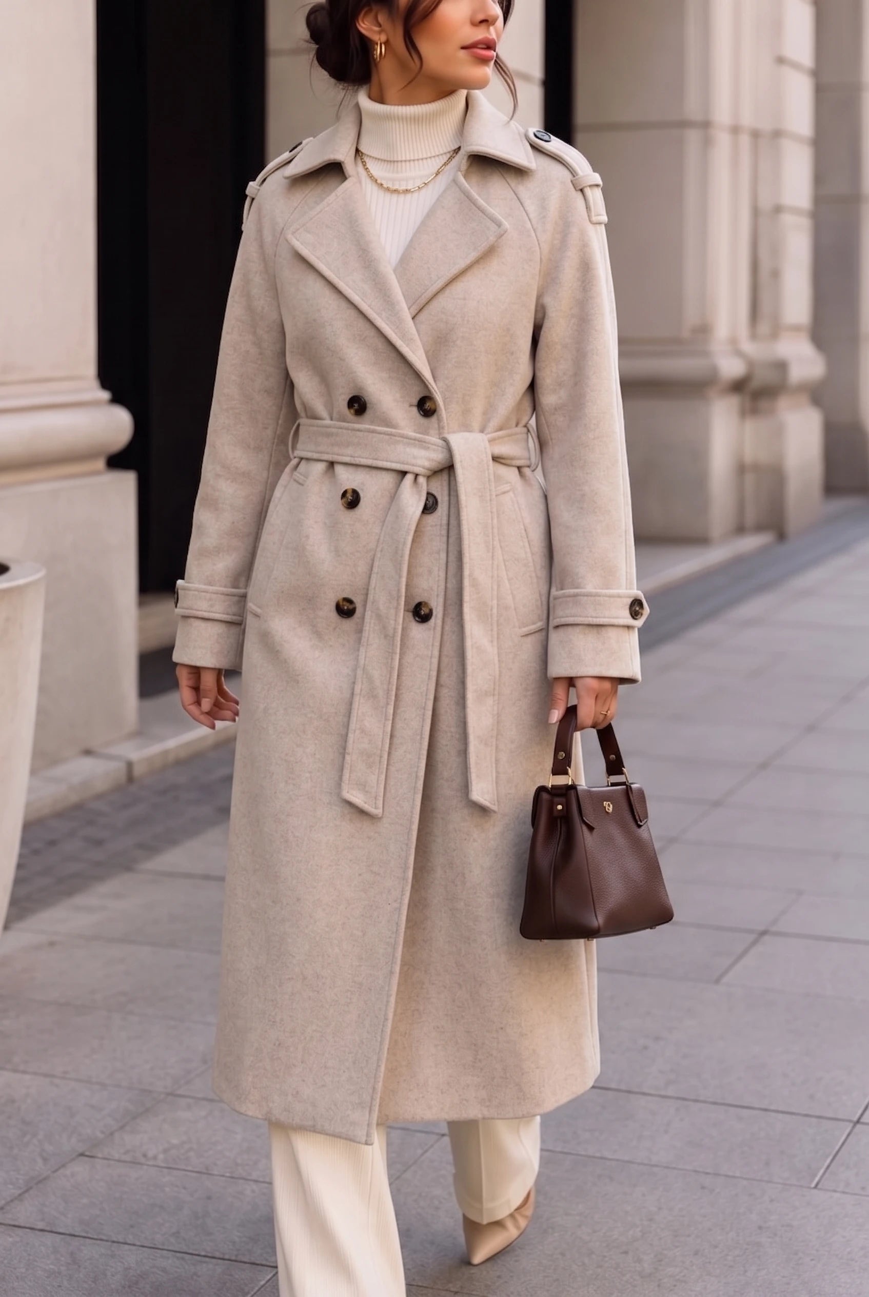 Women’s Long Coat with Belt and Double-Breasted Front