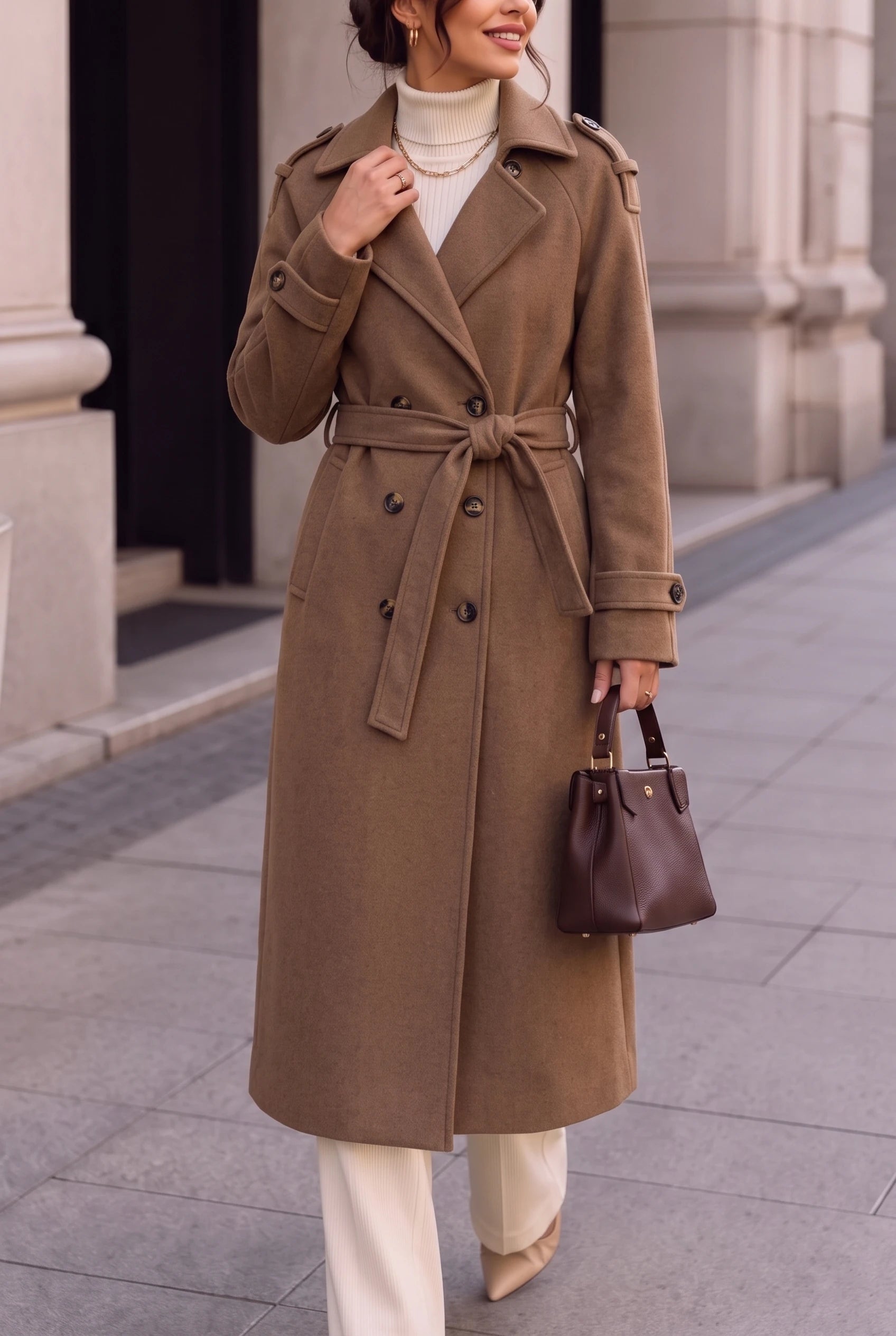 Women’s Long Coat with Belt and Double-Breasted Front
