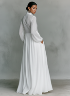 Women's Linen Maxi Dress – Stand Collar, Long Sleeve