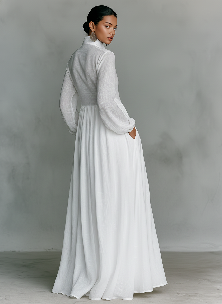 Women's Linen Maxi Dress – Stand Collar, Long Sleeve