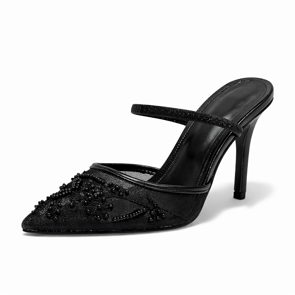 Women's Floral Embroidered Mesh Mule Heels