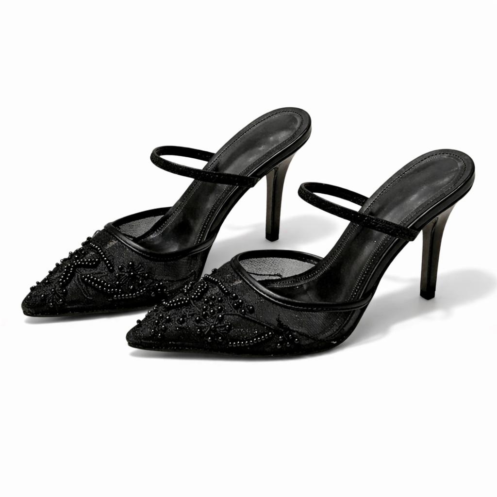 Women's Floral Embroidered Mesh Mule Heels