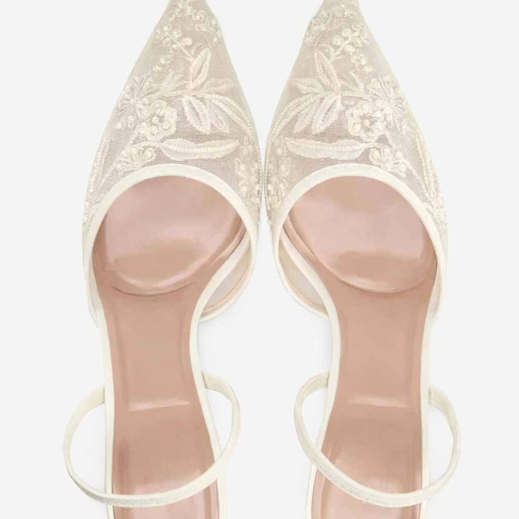 Women's Floral Embroidered Mesh Mule Heels