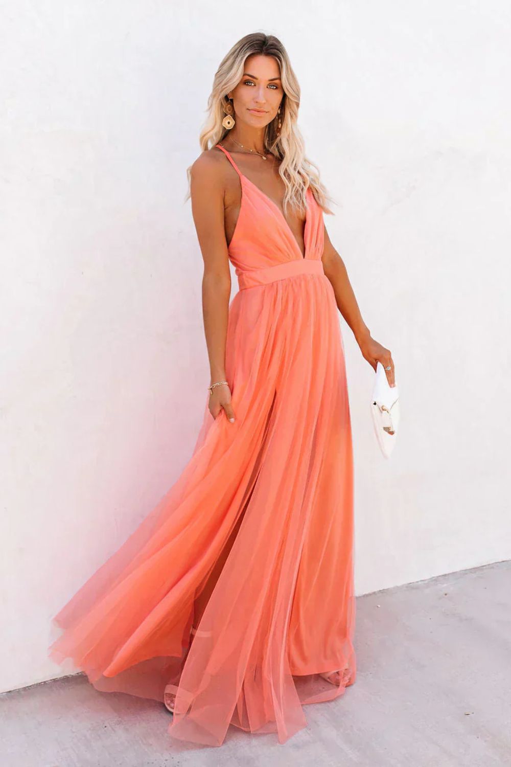 Women's V-Neck Tulle Maxi Dress